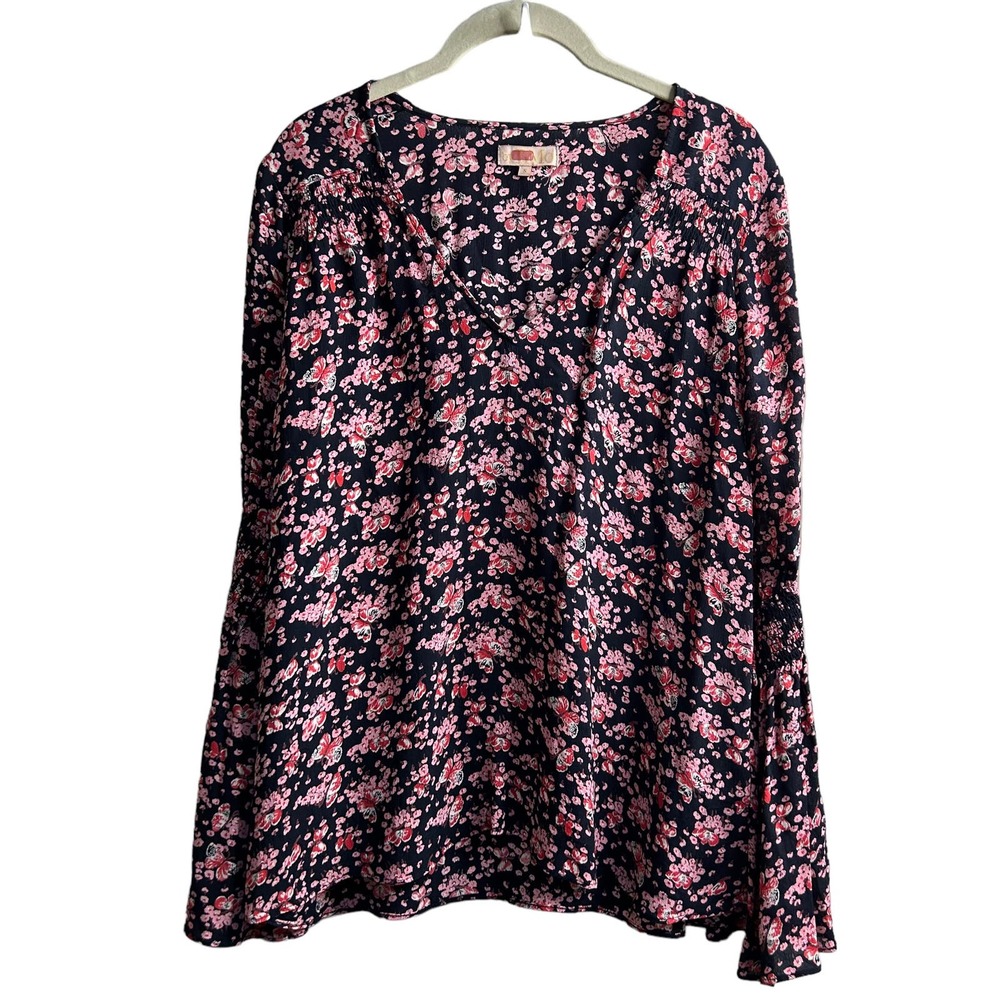 by Timo Black Pink Floral Boho Bell Sleeves Long Sleeve V Neck Blouse Small